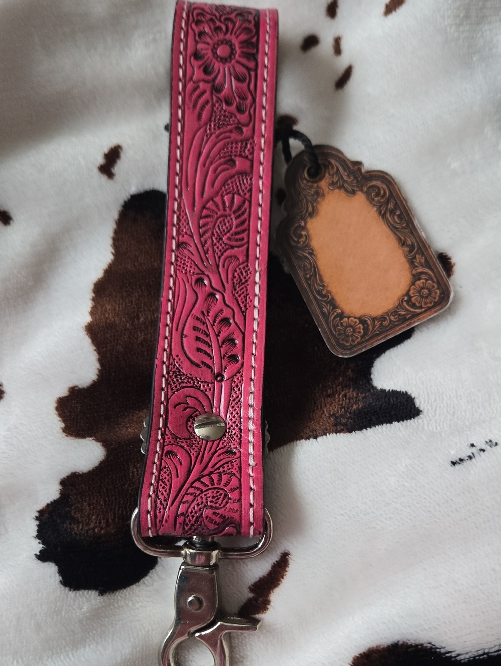 Women's Pink Tooled Leather Keychain/Bag Charm  Strap